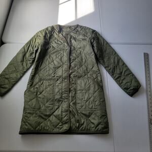 LL Bean Coat Womens XS Green Quilted Collarless Snap Front Pockets Lined Warm